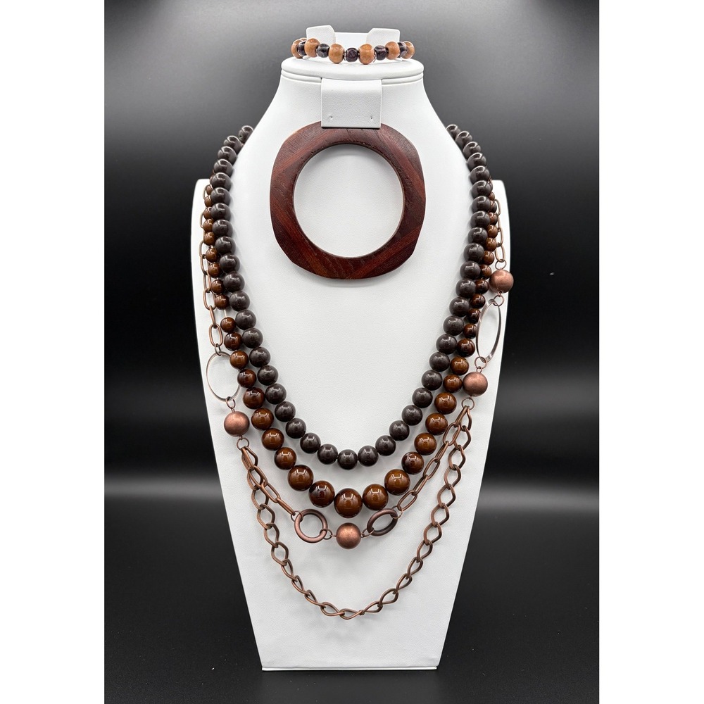 Mixed Jewelry Lot Necklaces Bracelets Earrings Brown Copper Boho Wood 28"